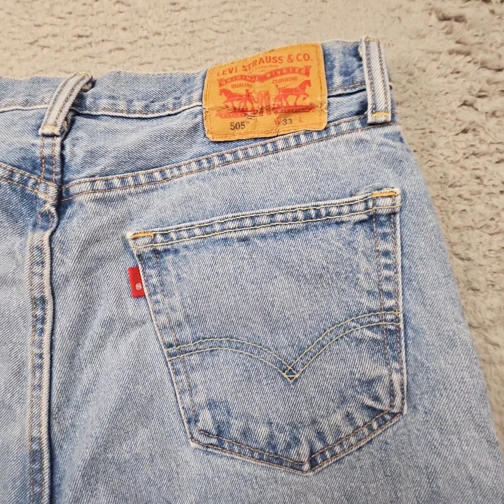 Levis 505 Jean Shorts Mens 33 Blue Denim Light Wash Fade Grunge Normcore Dad
